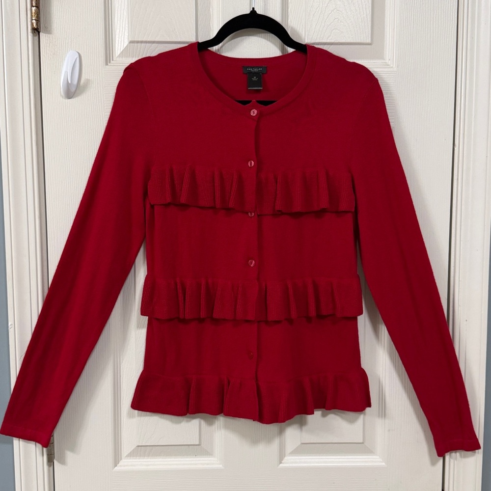 Ann Taylor Red Ruffled Button Down Sweater Holiday Cocktail Party Office - Picture 10 of 15